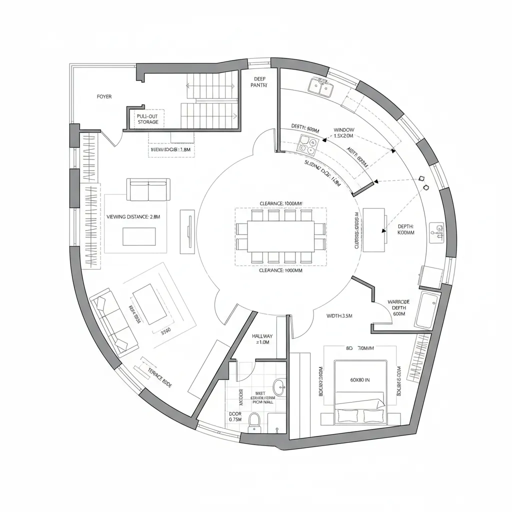Top-down CAD plan of open living shell with pocket bedroom suite