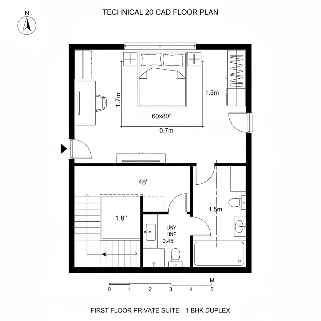 First-floor plan with landing desk, sliding door to bedroom, wardrobe wall, ensuite bath, and linen niche