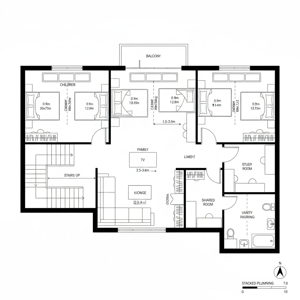 2D house floor plan drawing showing three bedrooms living area study room kitchen and bathroom layout