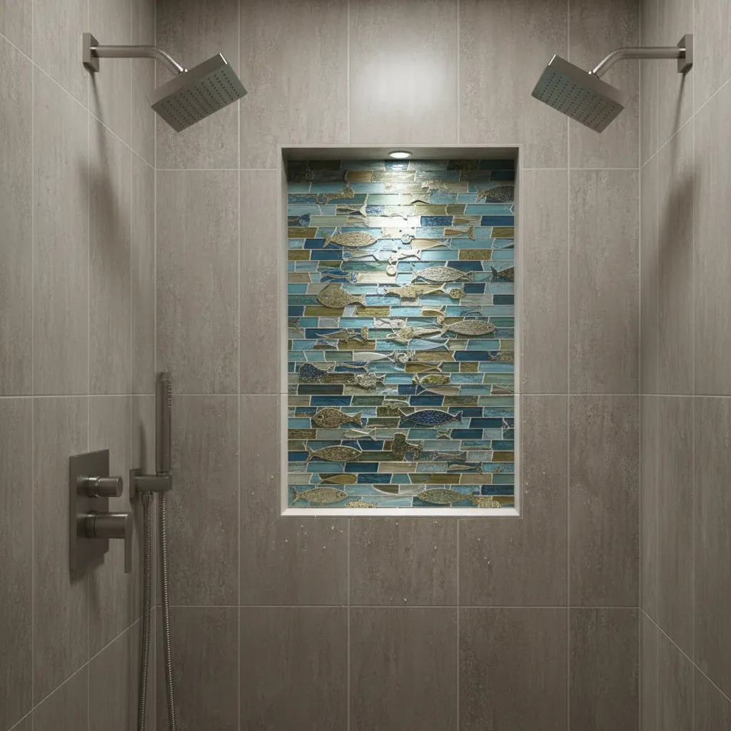 glass fish mosaic tiles inside shower niche detail