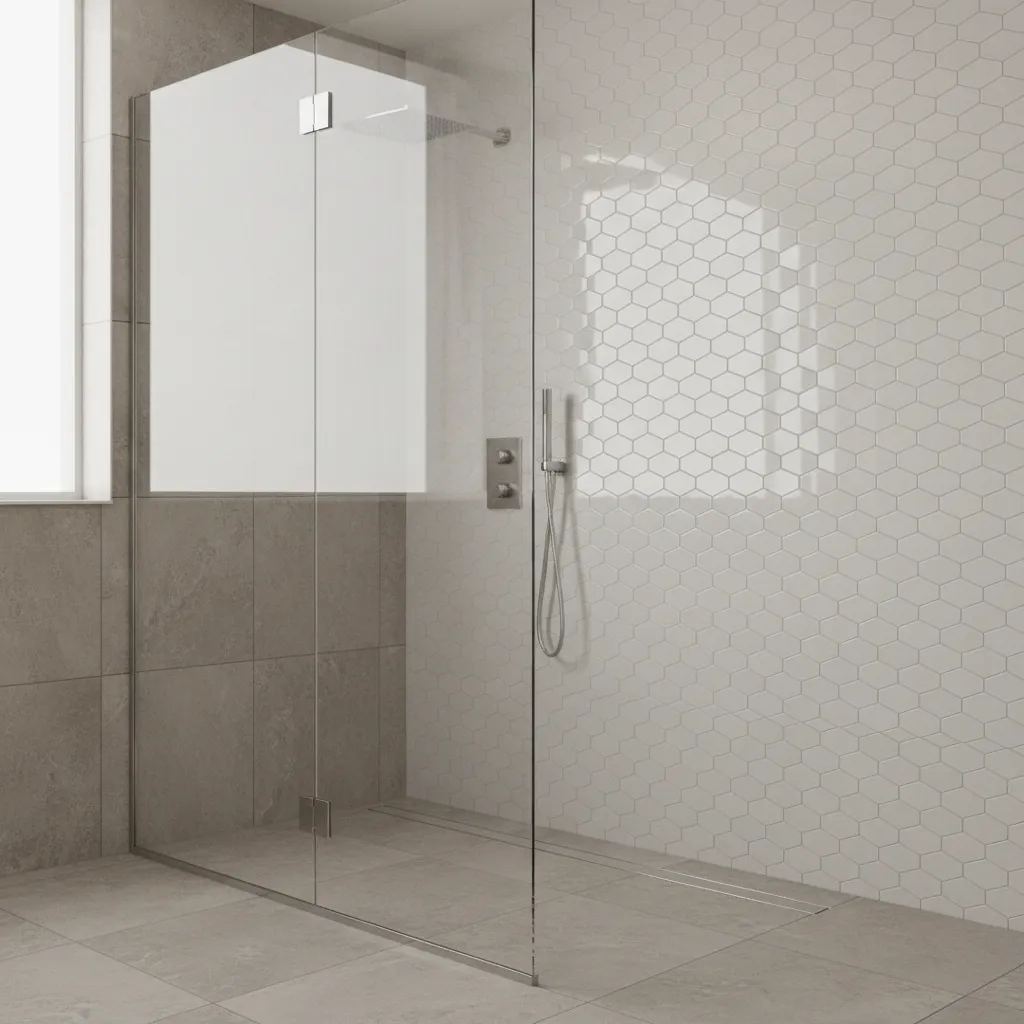 Bathroom shower wall with glossy white fish scale tiles