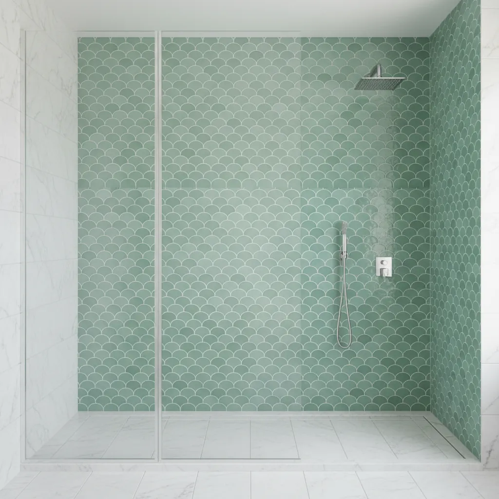 walk in shower with seafoam green fish scale tile wall