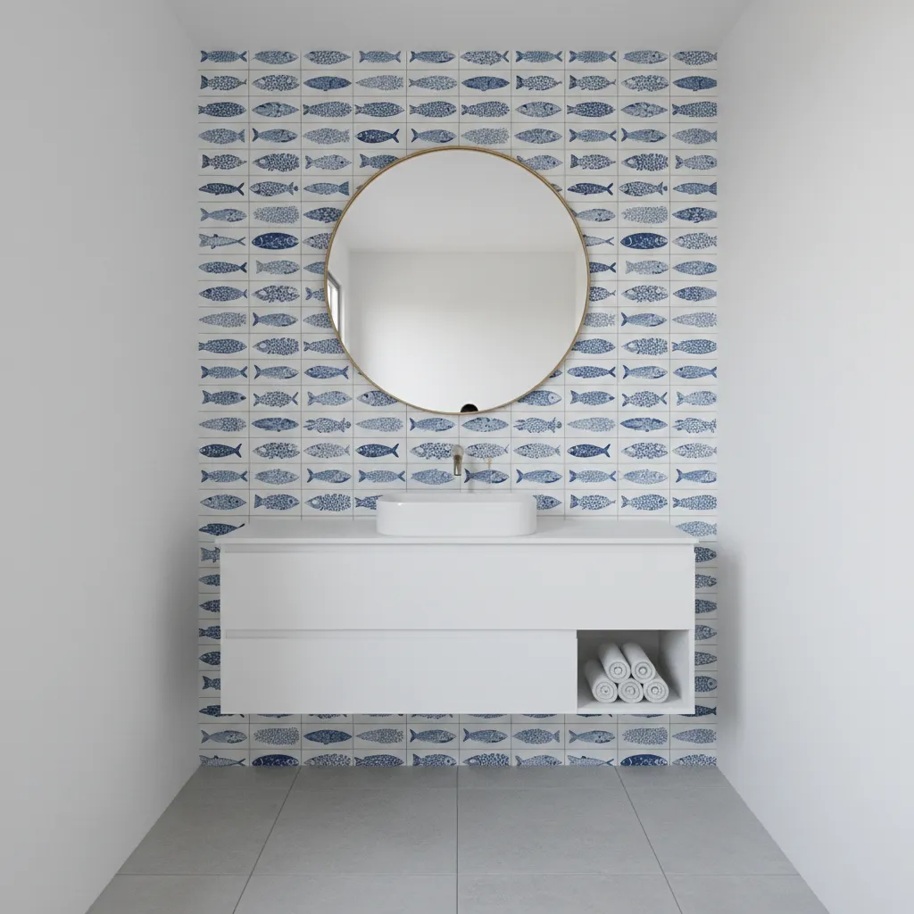 small bathroom with fish patterned accent wall behind vanity