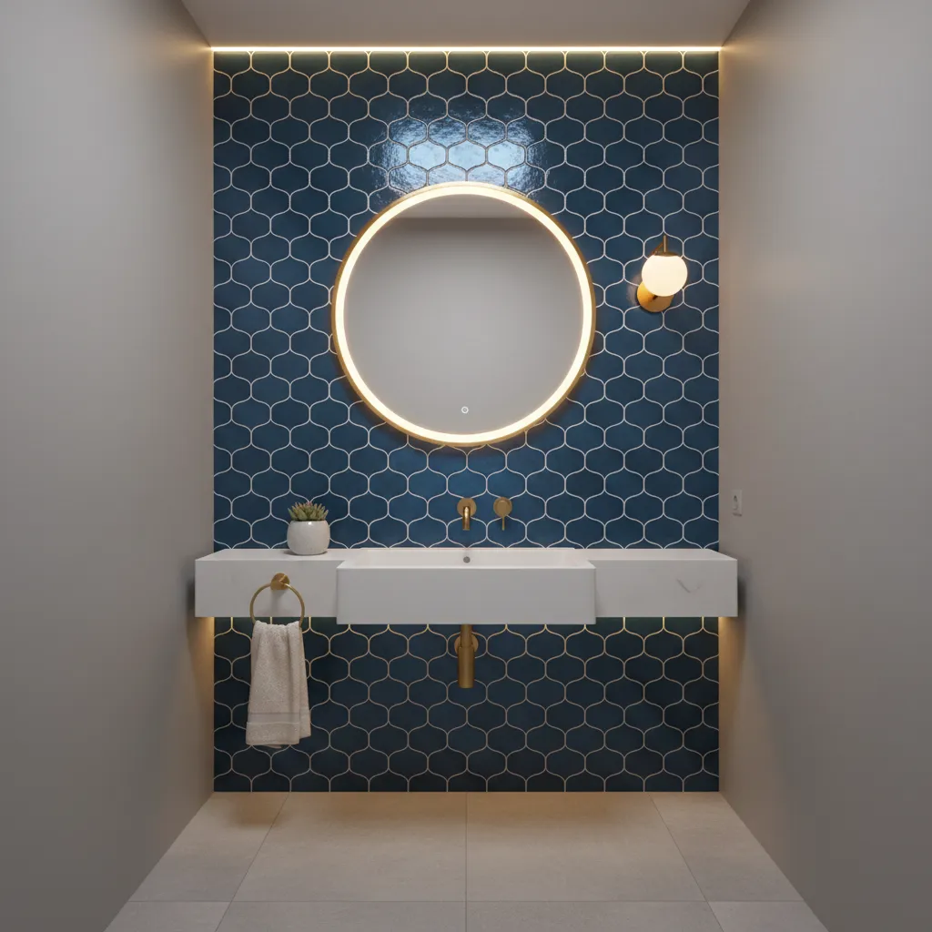 Powder room accent wall featuring blue fish scale tiles
