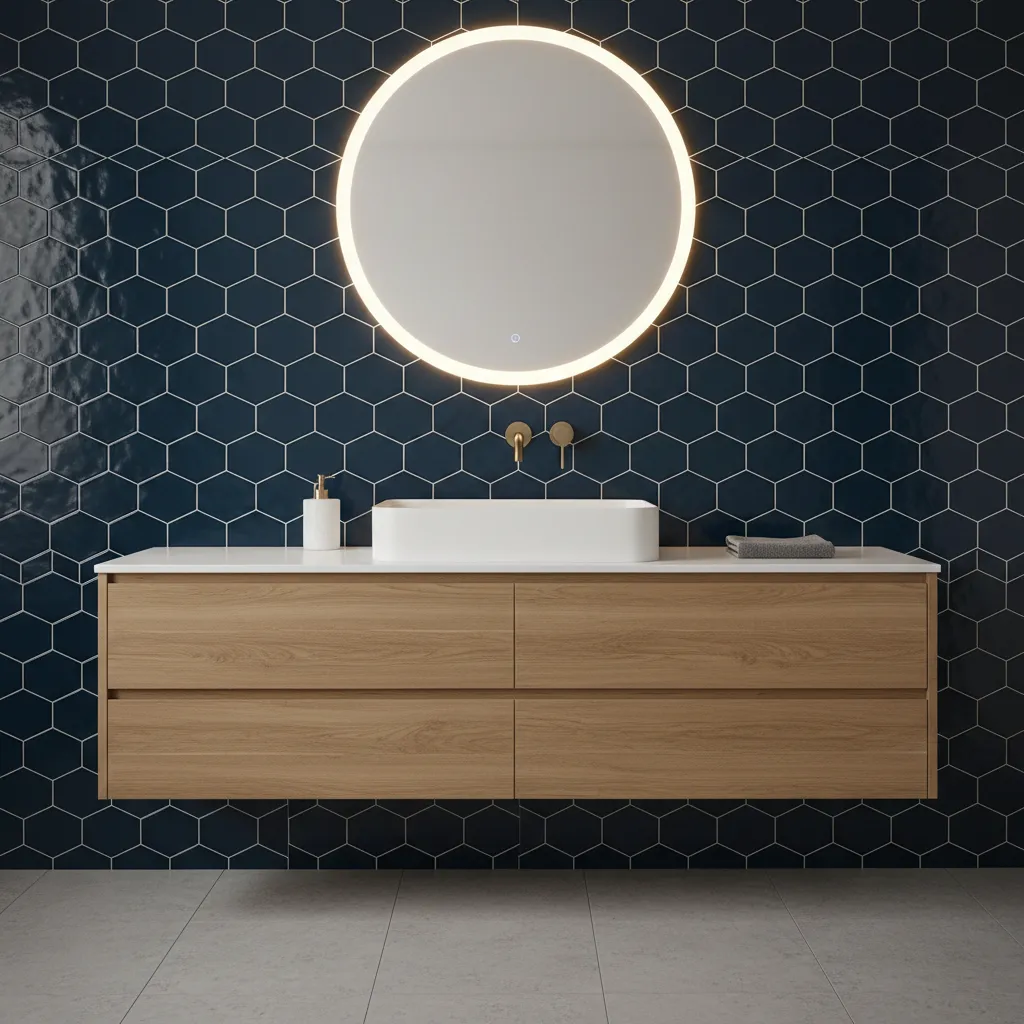 bathroom vanity backsplash with navy fish scale tiles