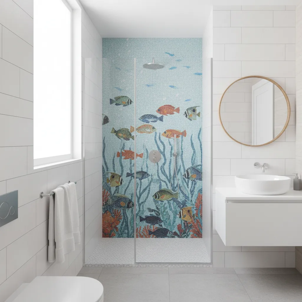 small shower with fish tile feature wall and neutral surrounding tiles