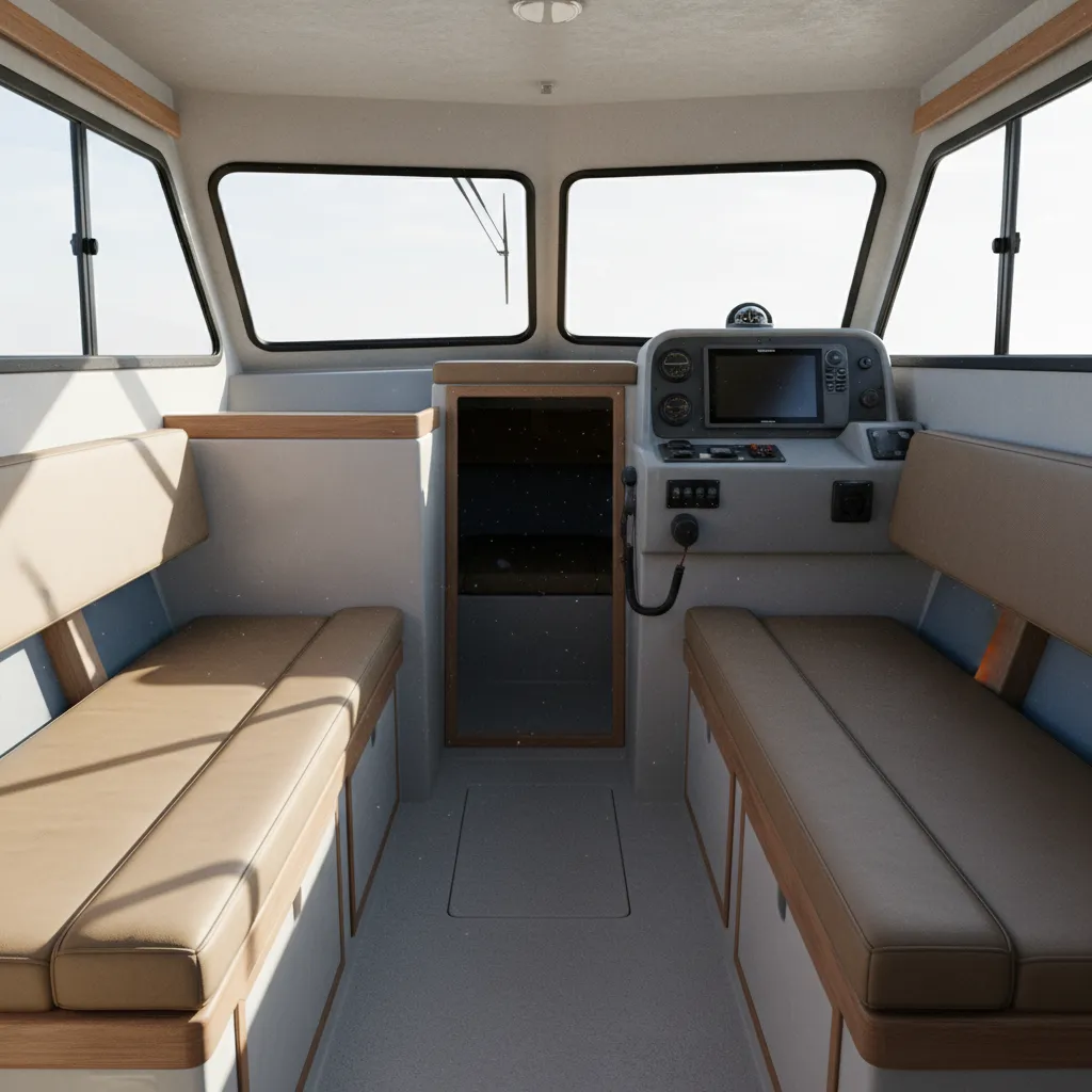 durable fishing boat interior with marine vinyl seating and storage lockers
