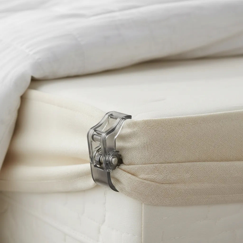 Mechanical fitted sheet lock gripping the edge of a bed sheet