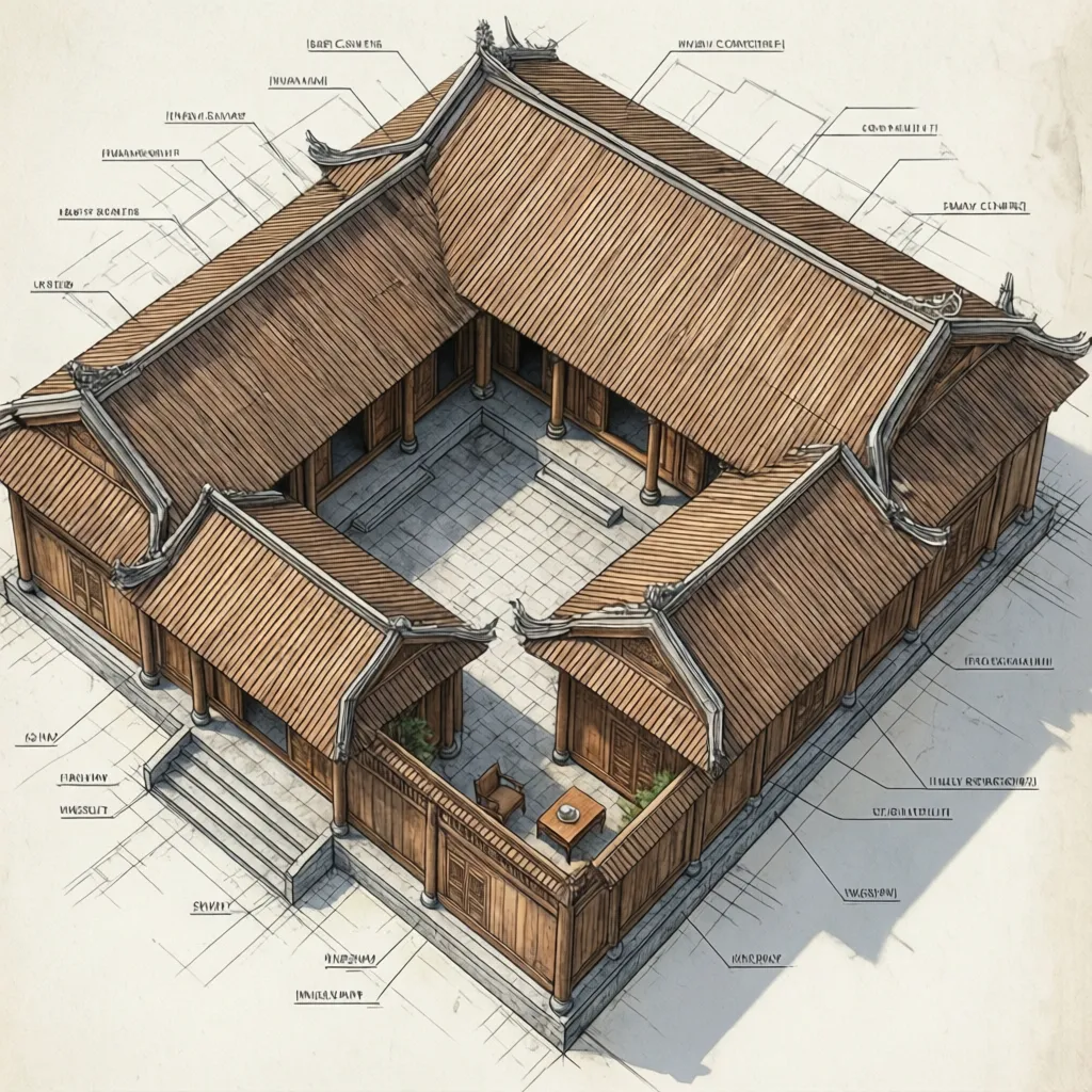 Interior design drawing showing a traditional wooden house layout with a central courtyard and labels