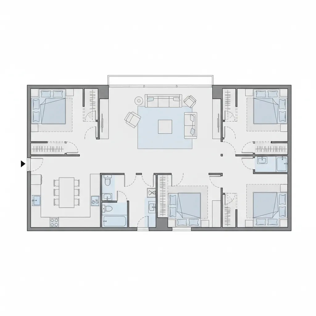 floor plan showing central living room with surrounding bedrooms