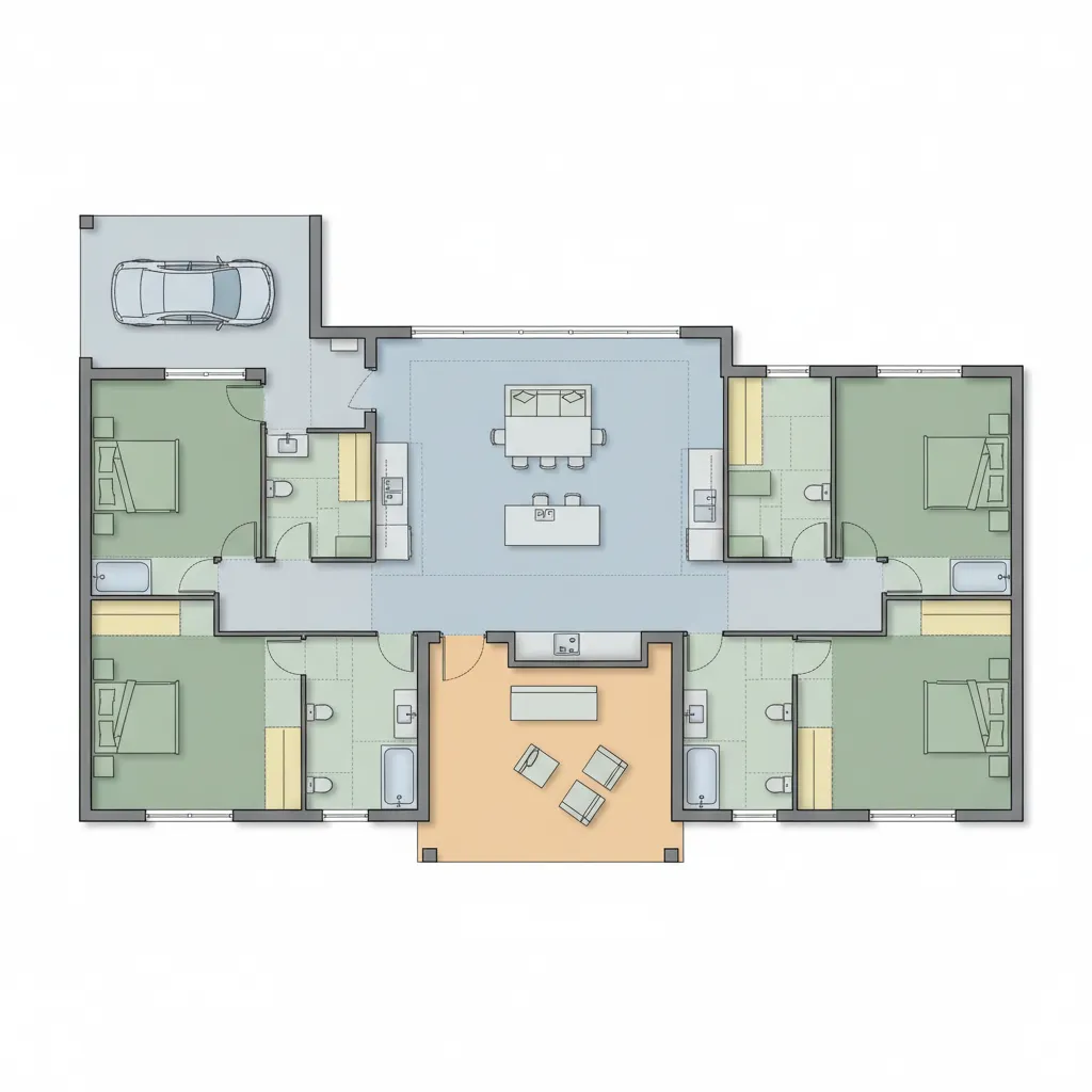 zoned five bedroom house floor plan showing living and bedroom wings