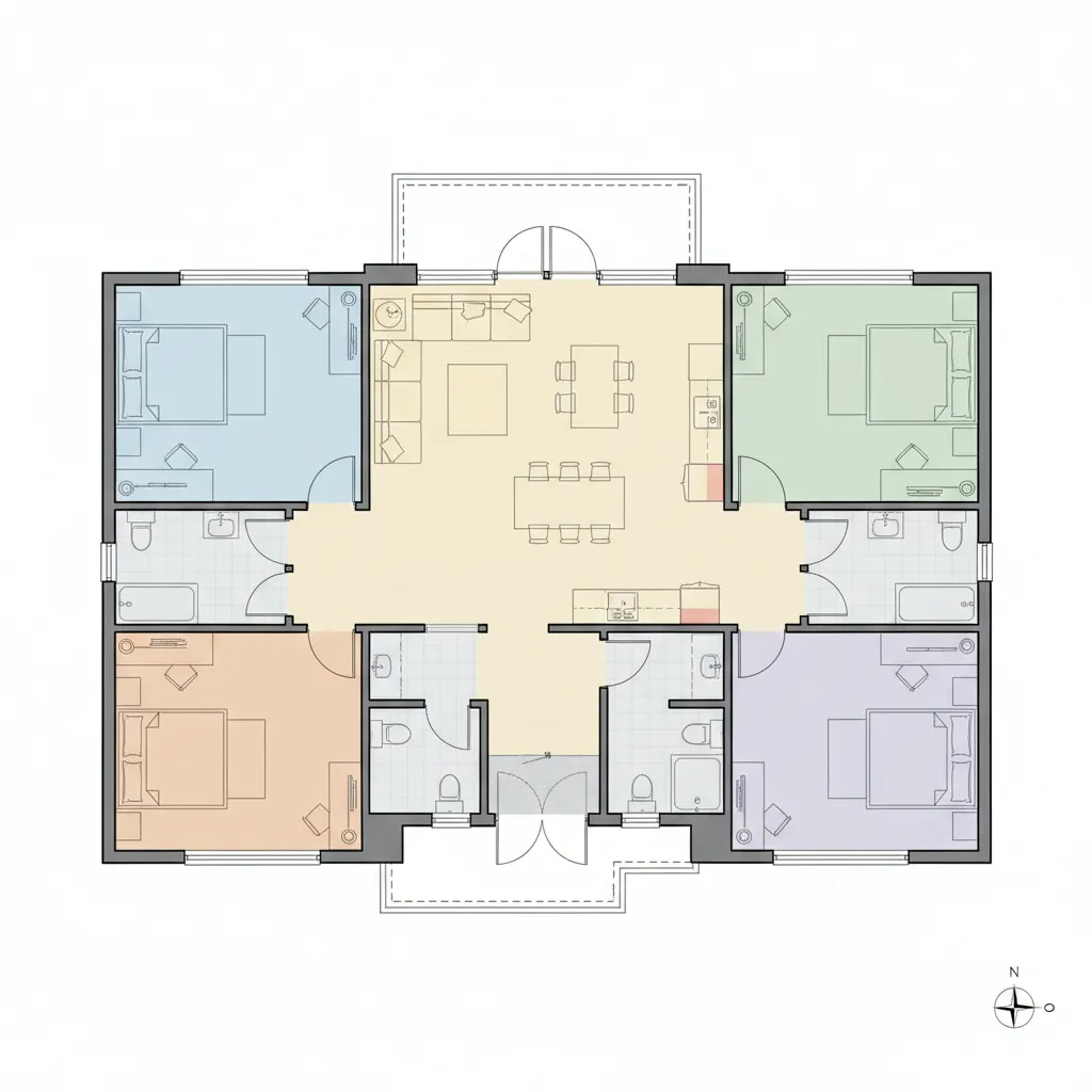 diagram style zoning of five bedroom house floor plan