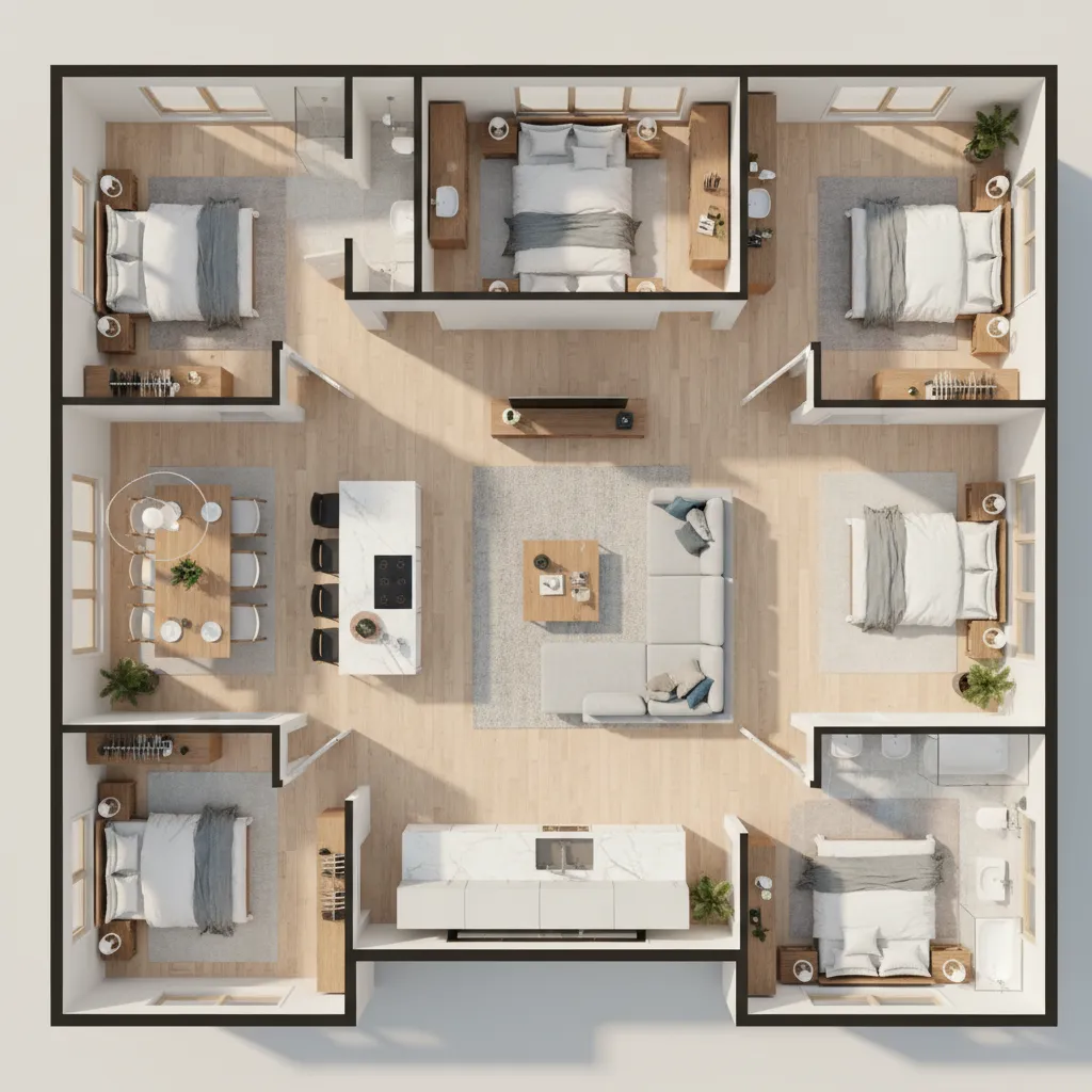 3d visualization of single floor five bedroom house layout interior