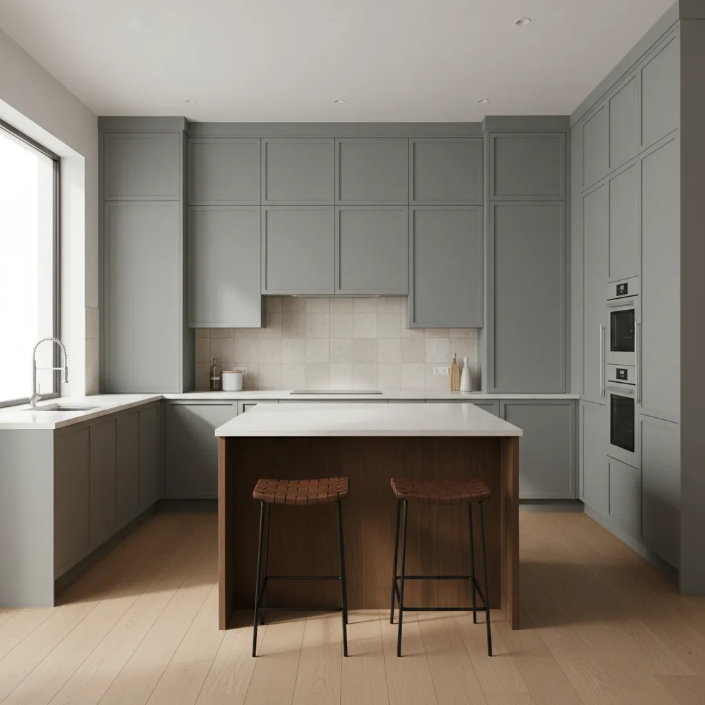 Modern kitchen with compact 5 foot island used for prep and seating