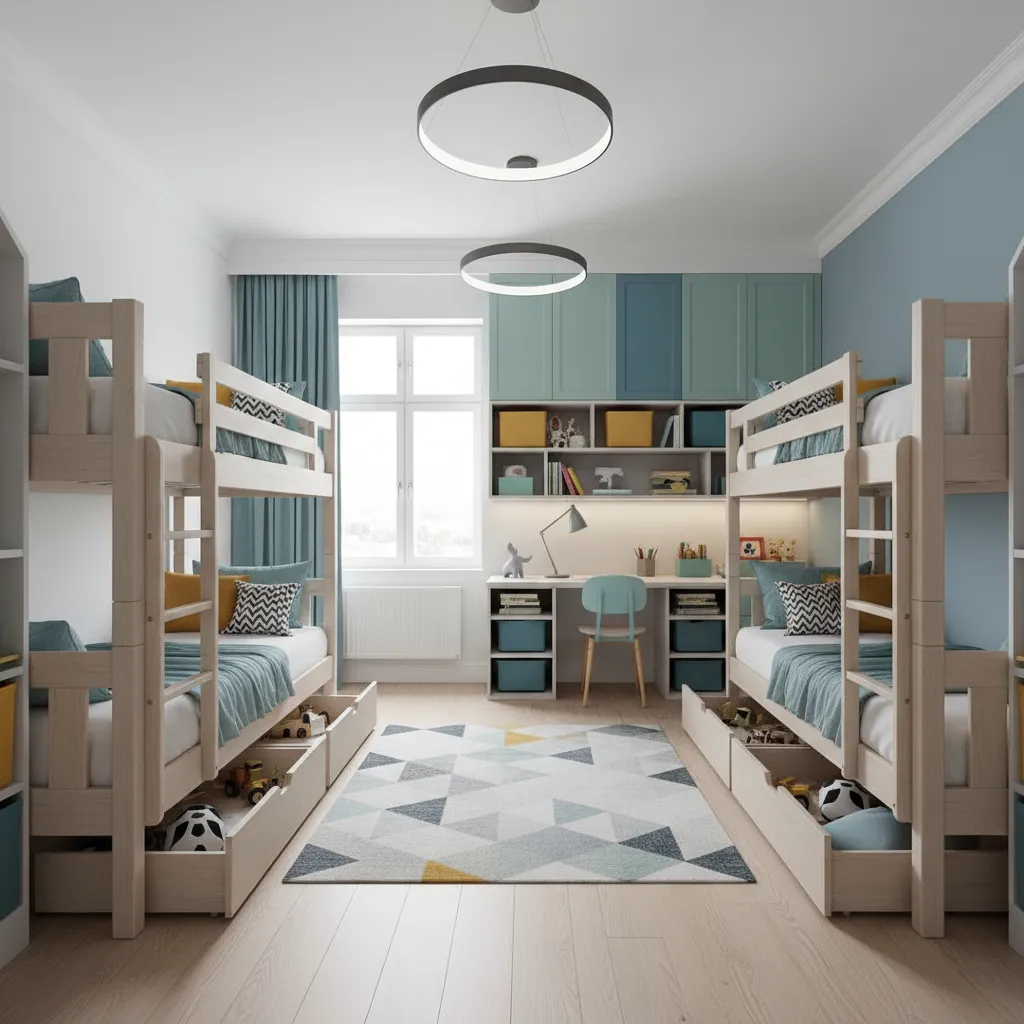 kids bedroom designed to fit five children with bunk beds