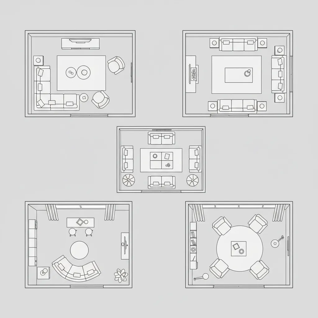 diagram showing five possible living room layout options