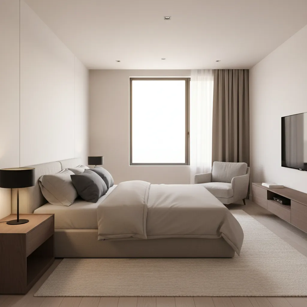 Clean modern bedroom with made bed grey rug armchair wooden cabinet and soft warm lighting
