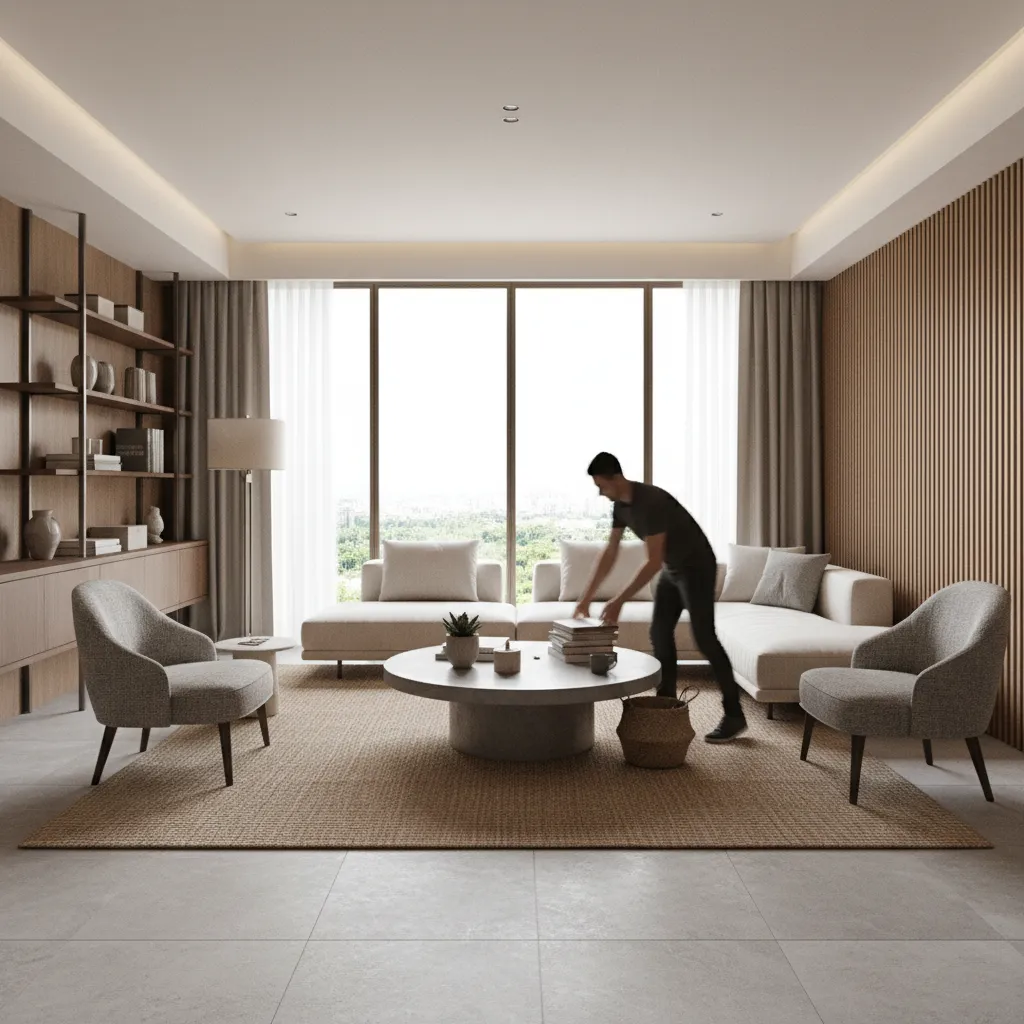 person quickly clearing table and organizing items during speed cleaning routine