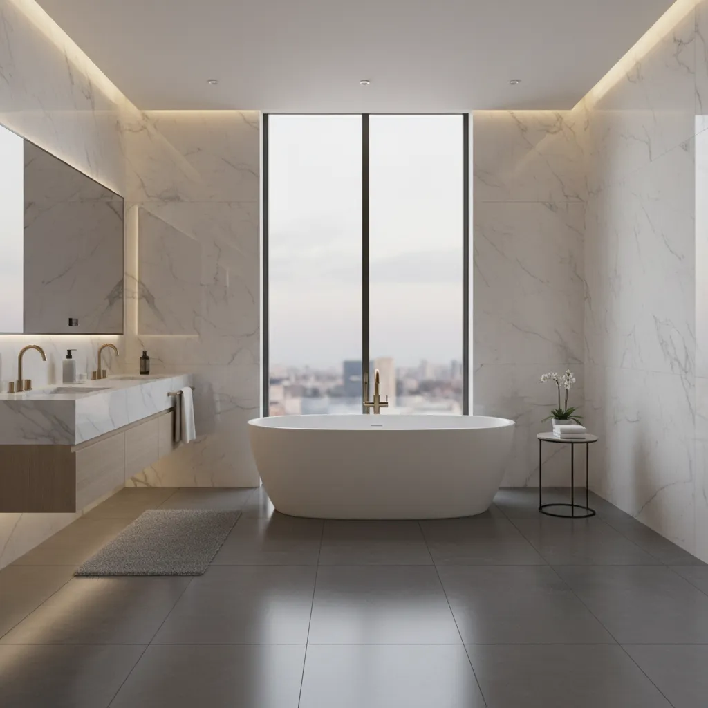Five star hotel bathroom interior with dark grey tile floor and freestanding bathtub