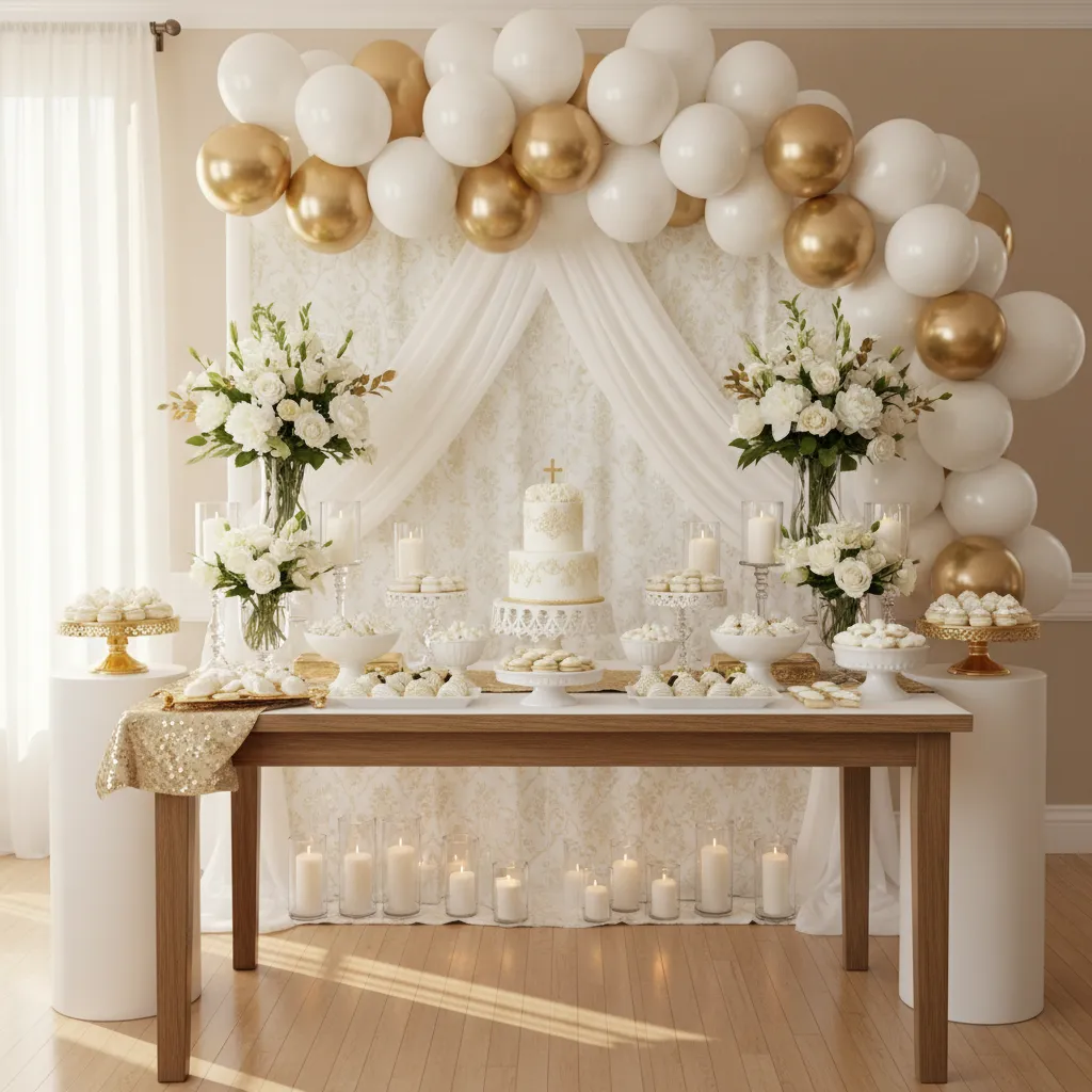 Communion dessert table with layered decoration heights including flowers candles and backdrop