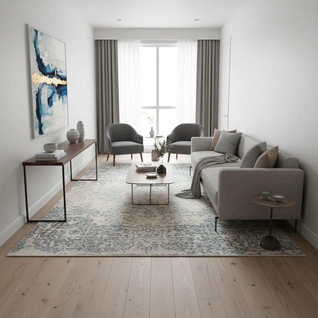 Narrow living room with floating sofa and rug creating seating zone