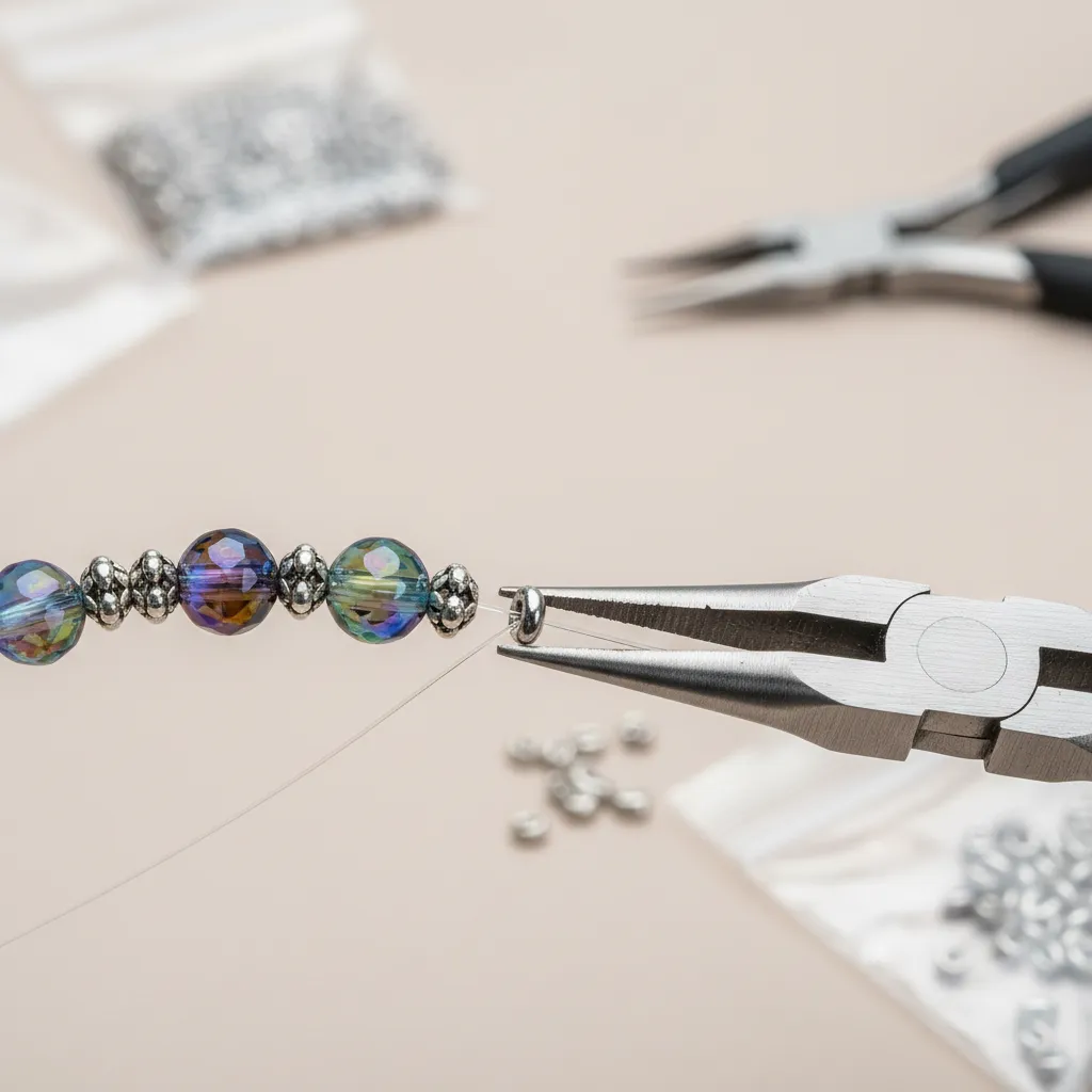 Close up of crimp beads being used to lock spacing in a bead string