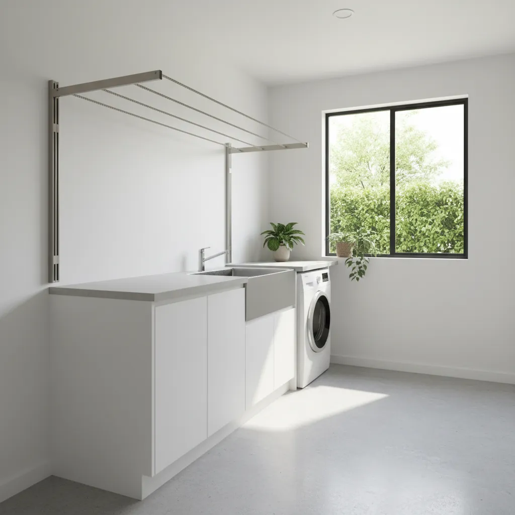 Fixed wall mounted clothesline system in a utility laundry room