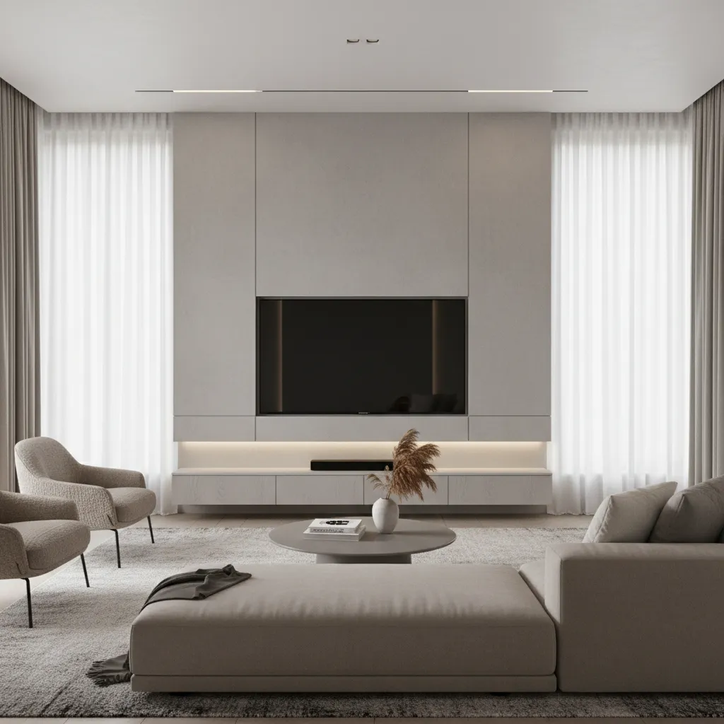 Minimal living room with a flat fixed TV wall mount installation