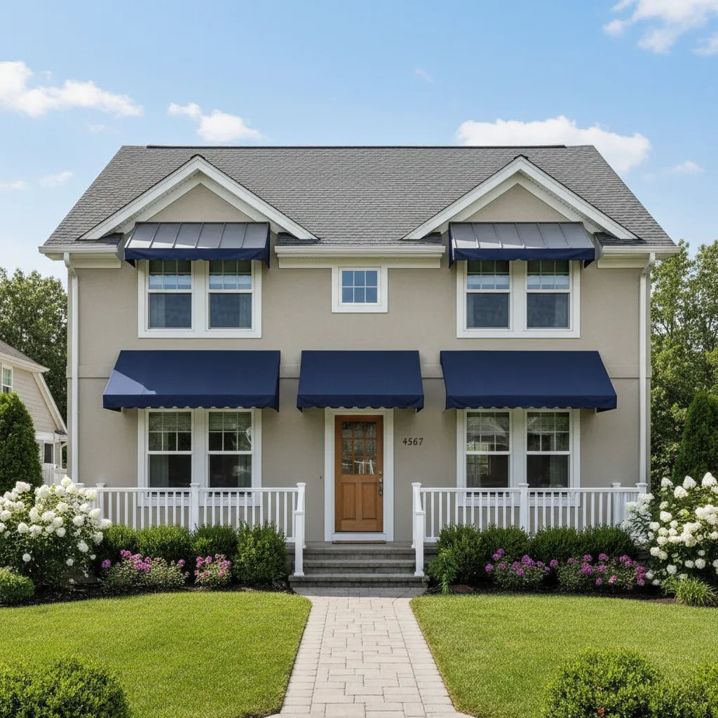 Fixed awnings installed above windows on a residential house