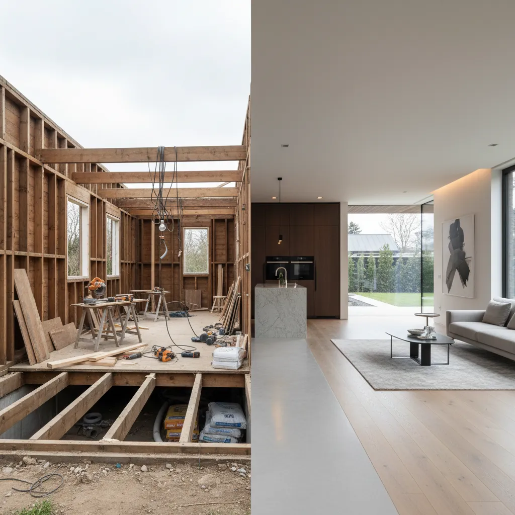 Before and after comparison of a house under construction versus a modern finished living room