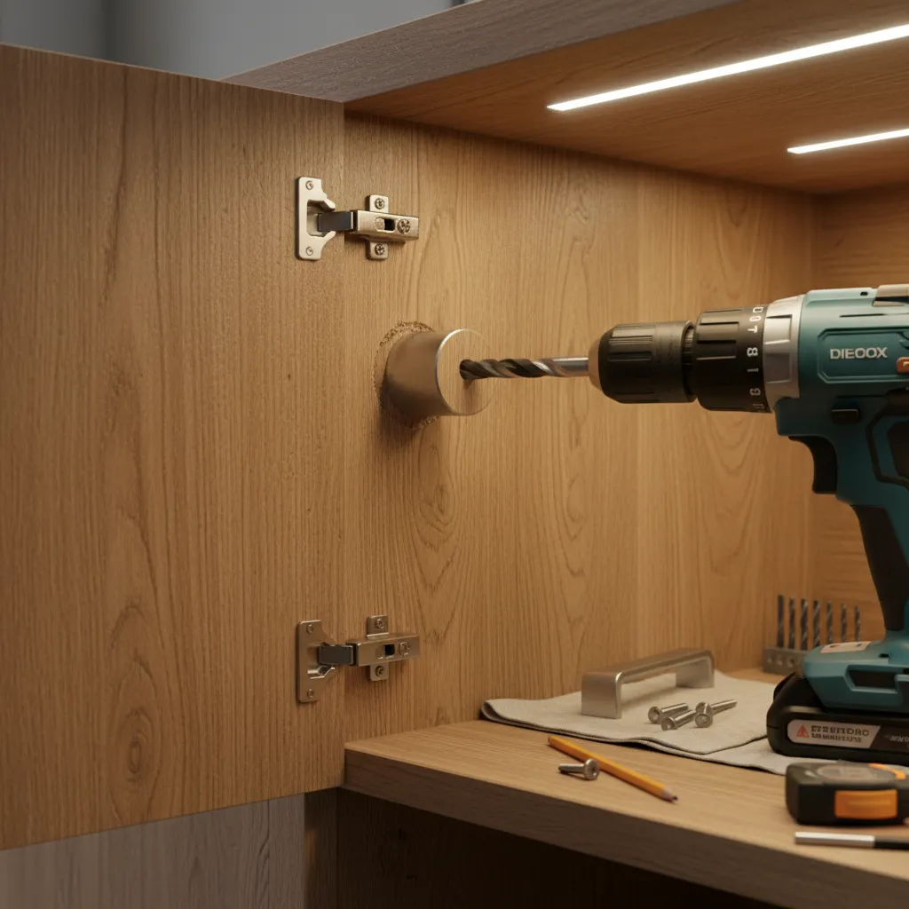Repairing misaligned cabinet handle holes using a drill