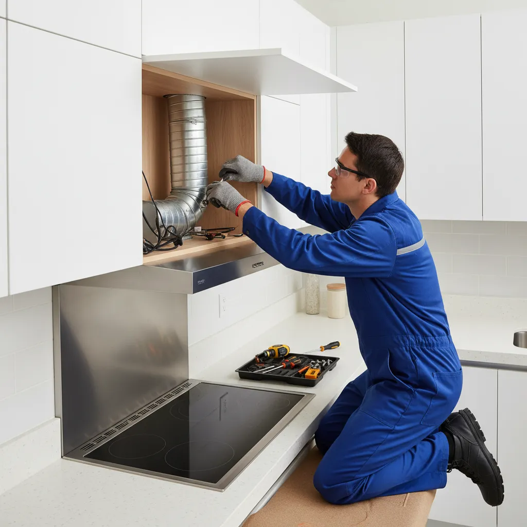 Technician adjusting duct inside kitchen hood cabinet