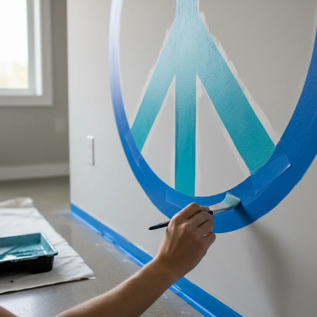 Painter correcting uneven mural line with painter tape