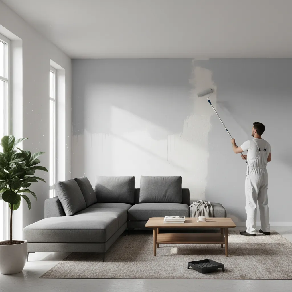 rolling fresh paint over uneven wall coverage in living room
