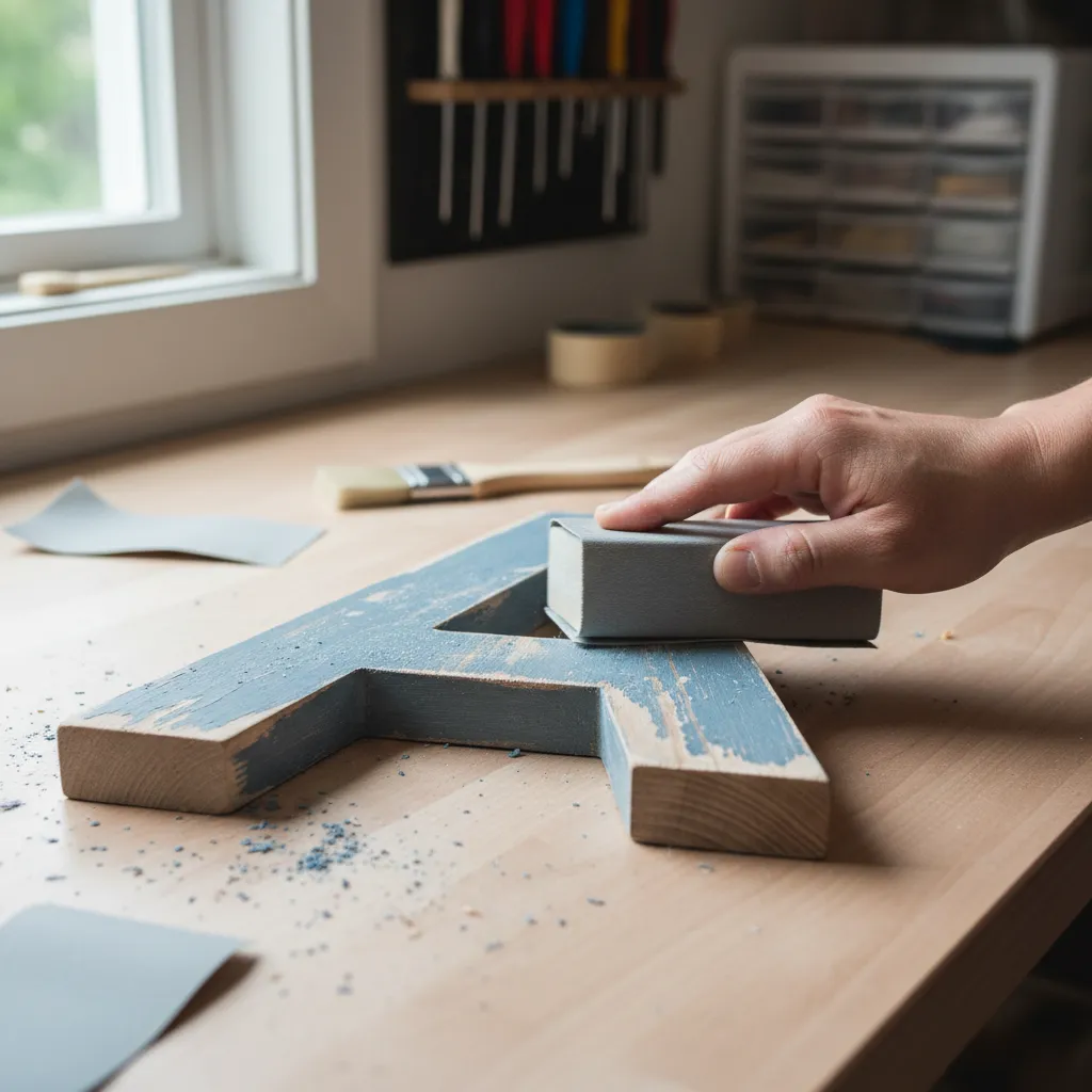 sanding uneven paint on wooden letter craft piece