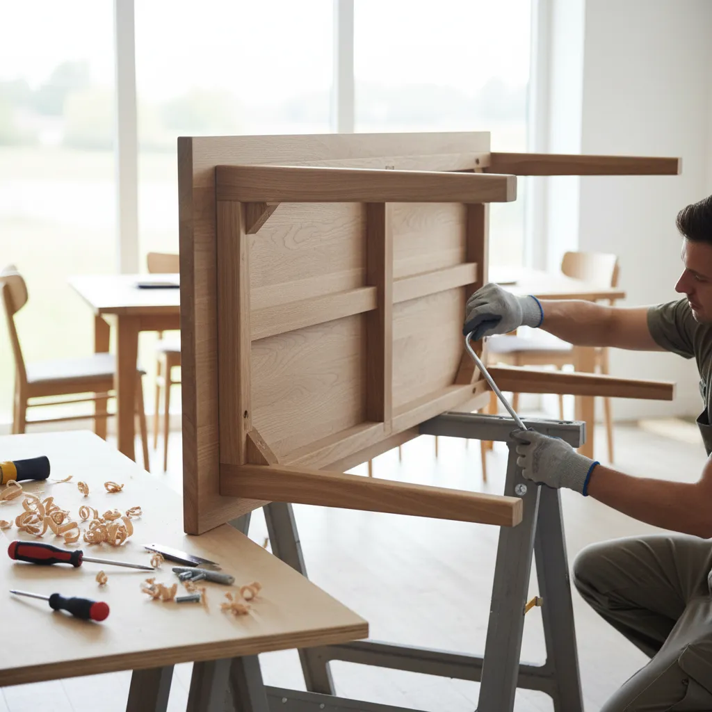 tightening bolts on a wooden dining bench leg to fix wobbling