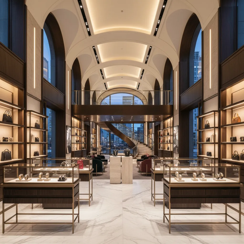 Interior de una flagship store moderna con iluminación destacada