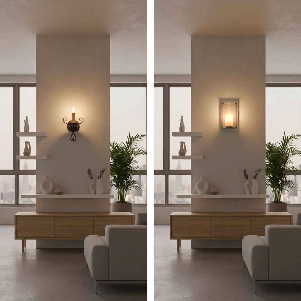 comparison of flameless LED candle and real candle in wall sconce