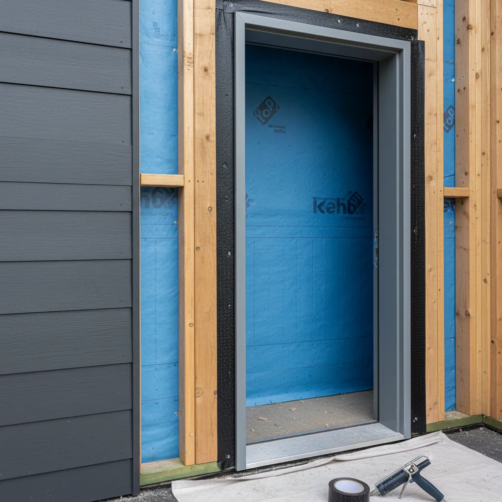 Flashing tape installed around exterior door frame for waterproofing