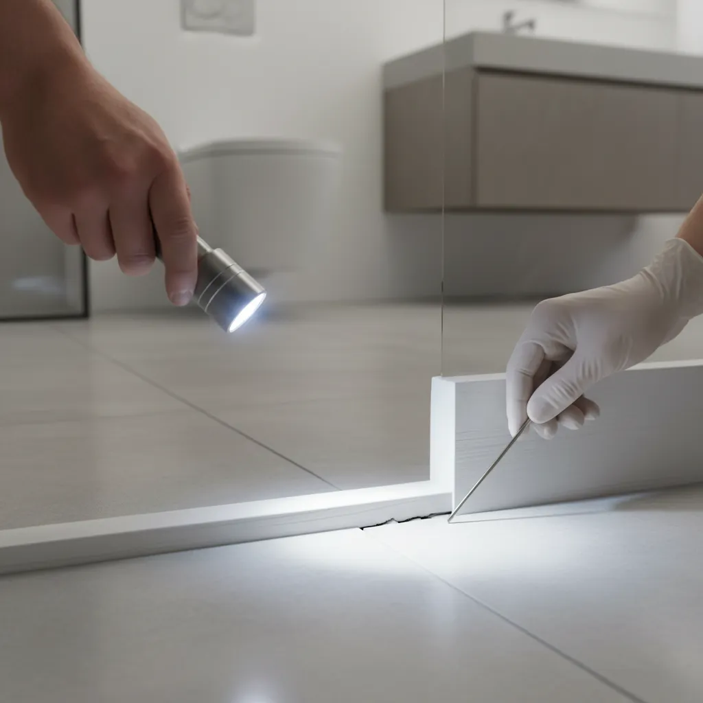 flashlight inspection of bathroom baseboards for bed bugs