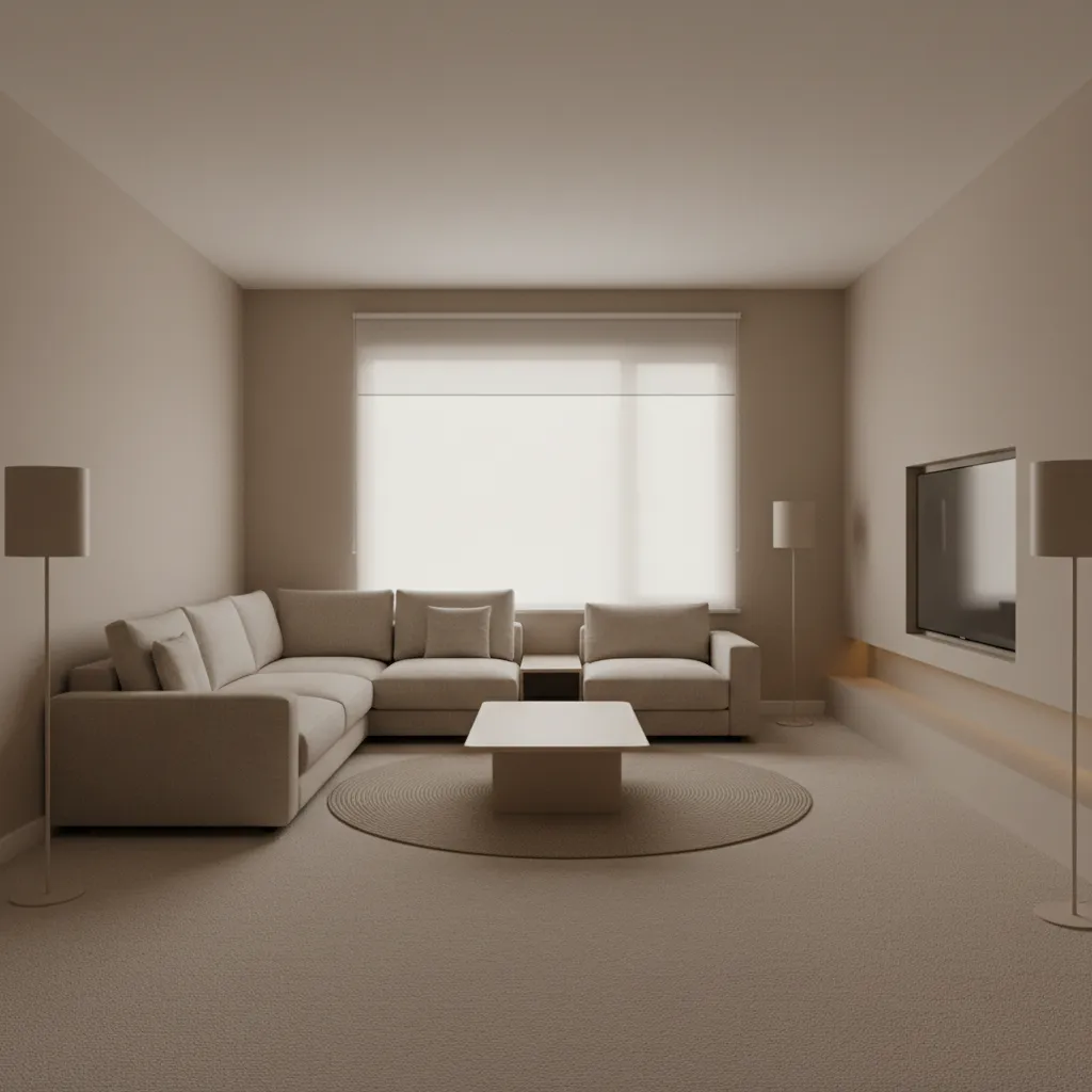 Living room with beige carpet and matching furniture that looks visually flat