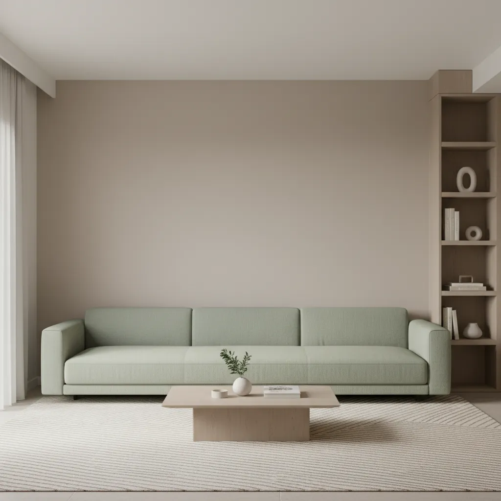 Flat looking beige and green living room with little contrast