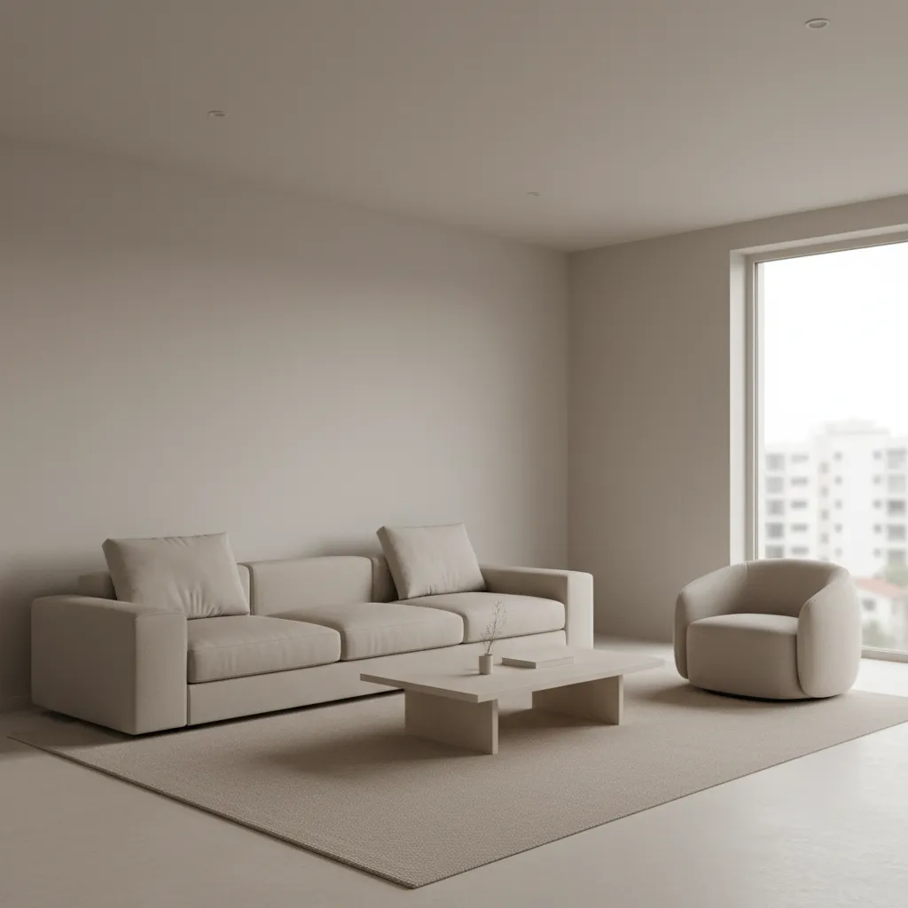 Beige living room lacking texture and contrast showing flat neutral design