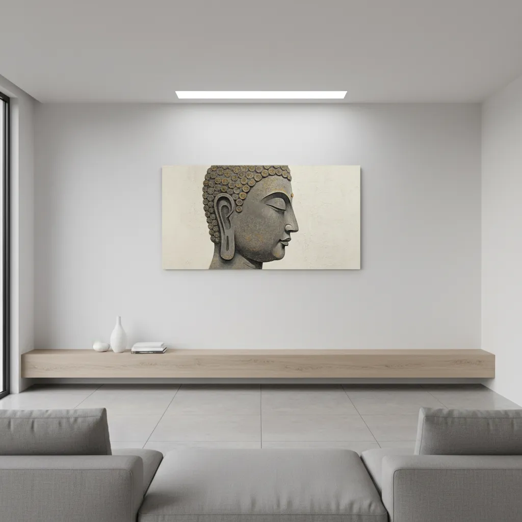 Buddha wall art appearing flat under direct overhead lighting