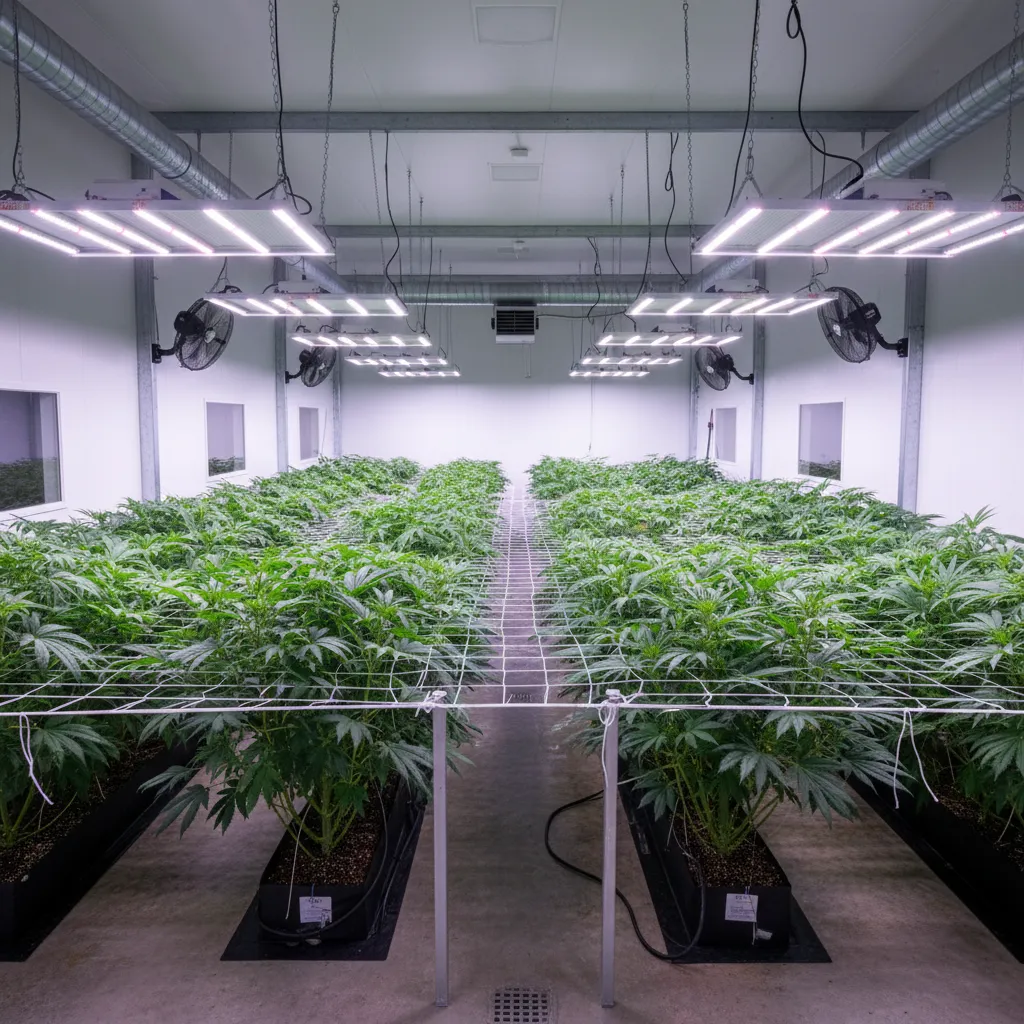 Perfectly flat plant canopy in commercial indoor cultivation facility