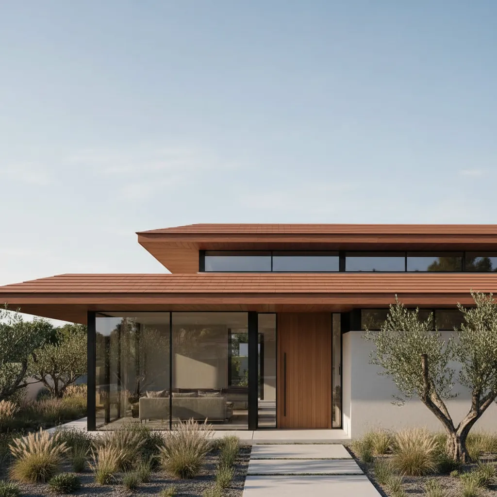 modern house roof with flat clay tiles creating clean horizontal lines