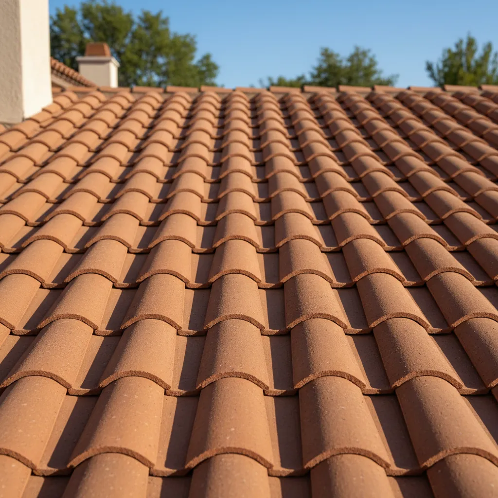 close view of flat clay roof tiles arranged in neat rows on residential roof