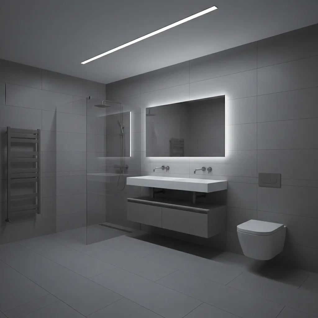 Minimalist grey bathroom with double sink vanity mirror light glass shower toilet and towel rack