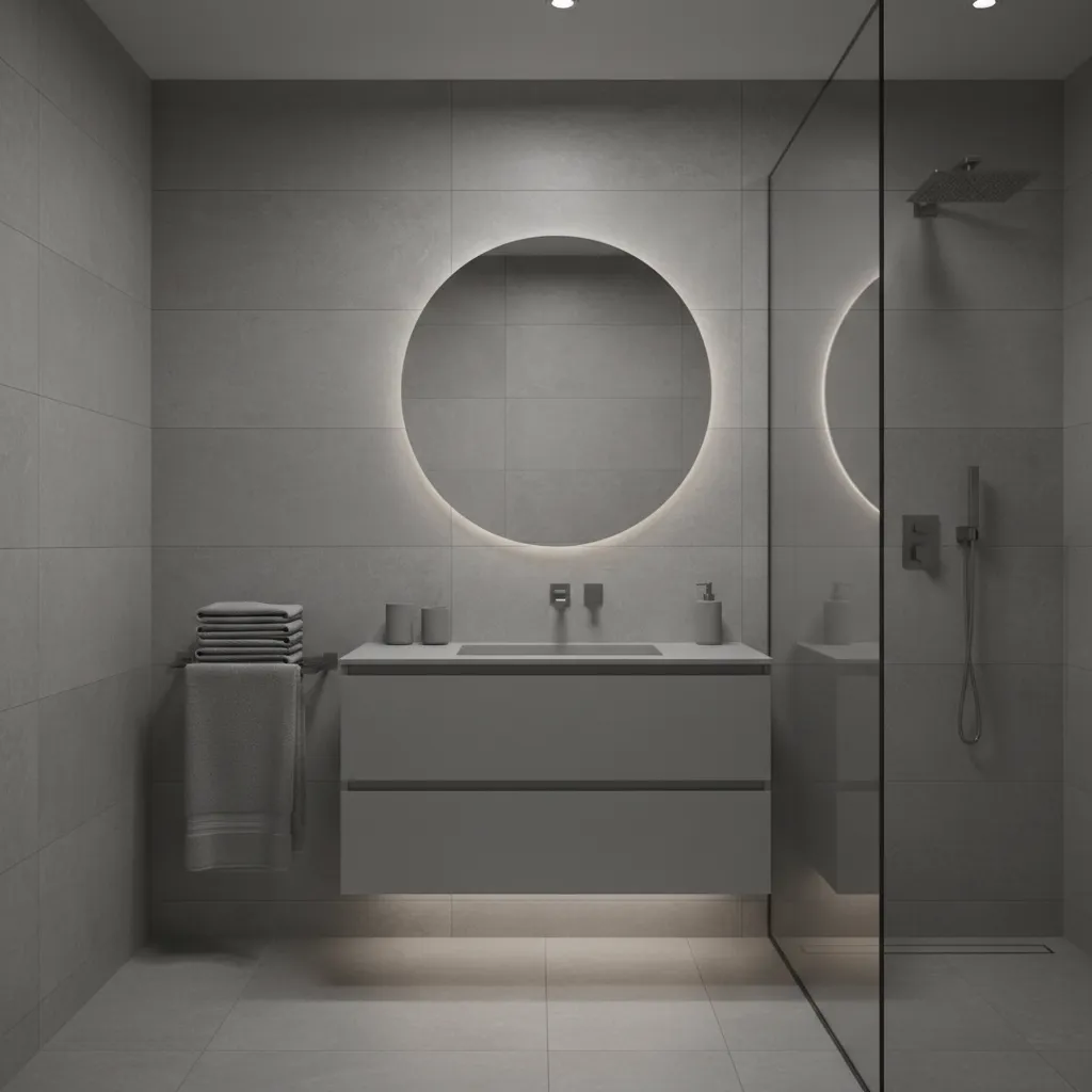 Grey bathroom with matching accessories creating a flat and monotonous look