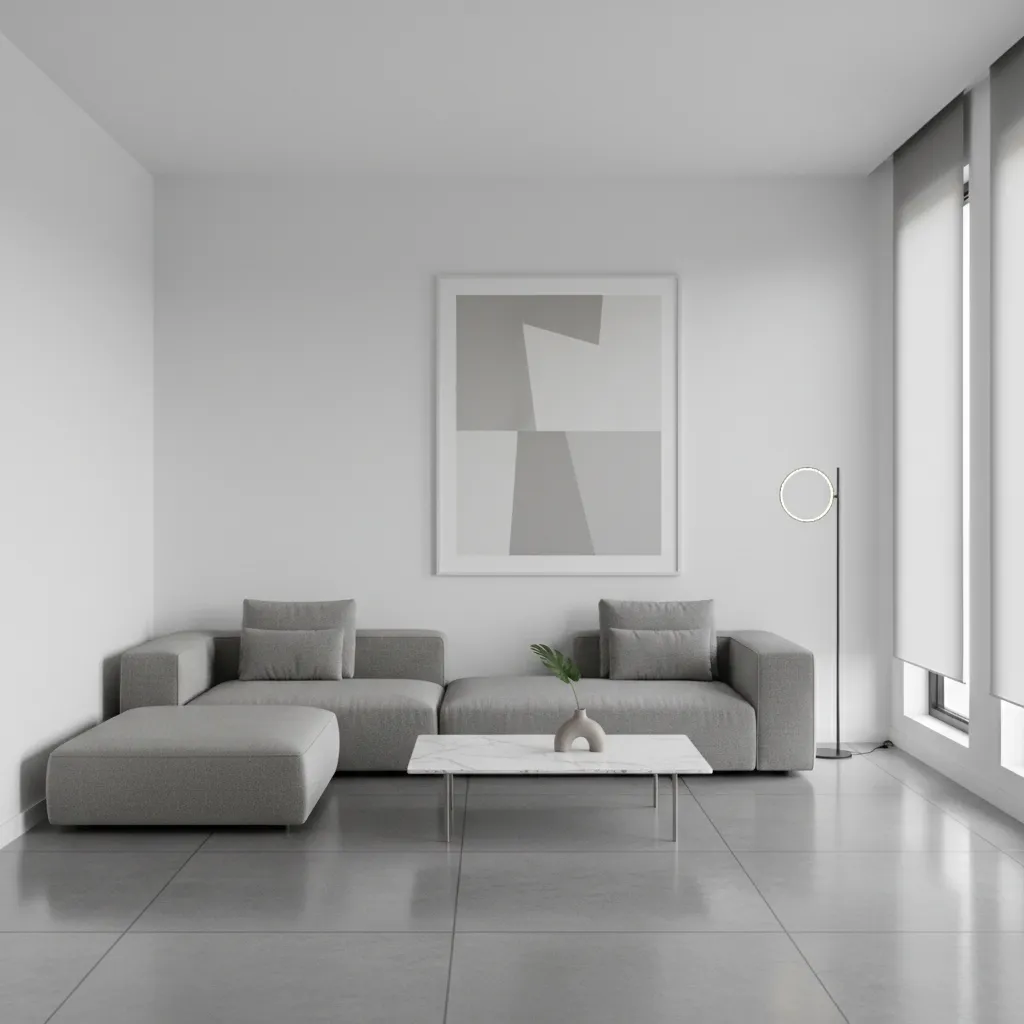 Grey floor living room with white walls and minimal texture appearing visually flat